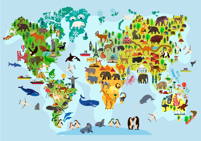 World map vinyl carpet featuring monuments and animals - TenStickers
