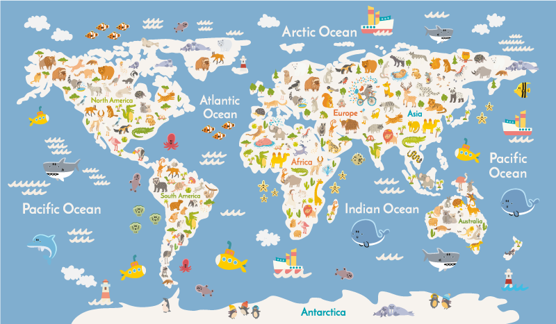 World map vinyl carpet with white animal designs - TenStickers