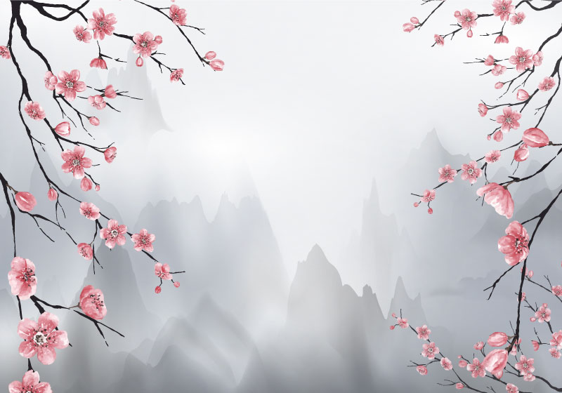 Grey vinyl carpet with cherry blossoms and mountains - TenStickers