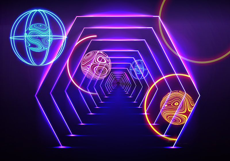 Purple vinyl carpet neon hexagonal tunnel view - TenStickers