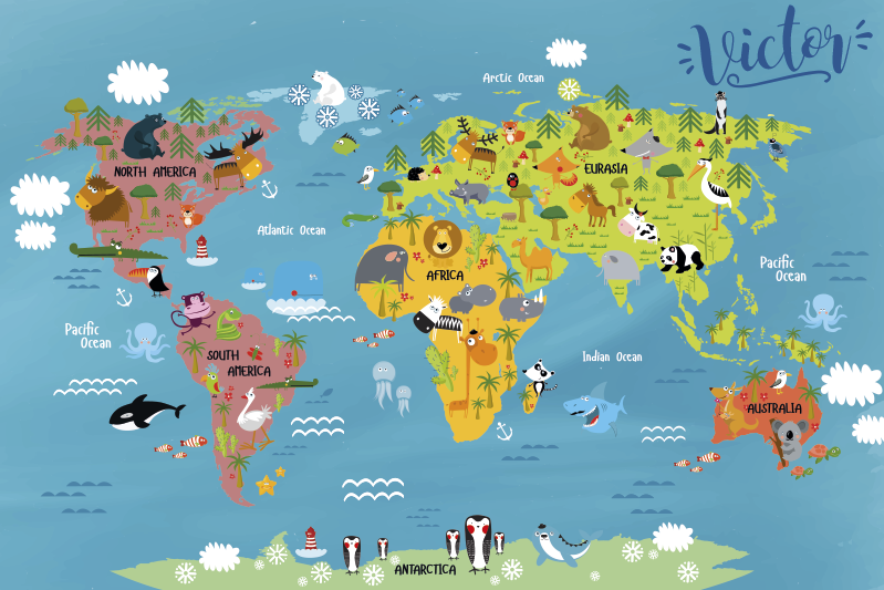 Vinyl rug for kids World Map with animals - TenStickers