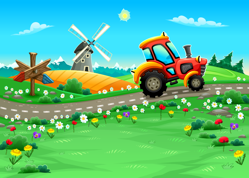 Playful Tractor Scene kids vinyl carpet - TenStickers