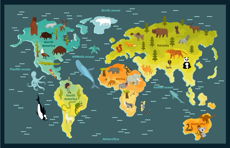Colourful animal design world map vinyl carpet - TenStickers
