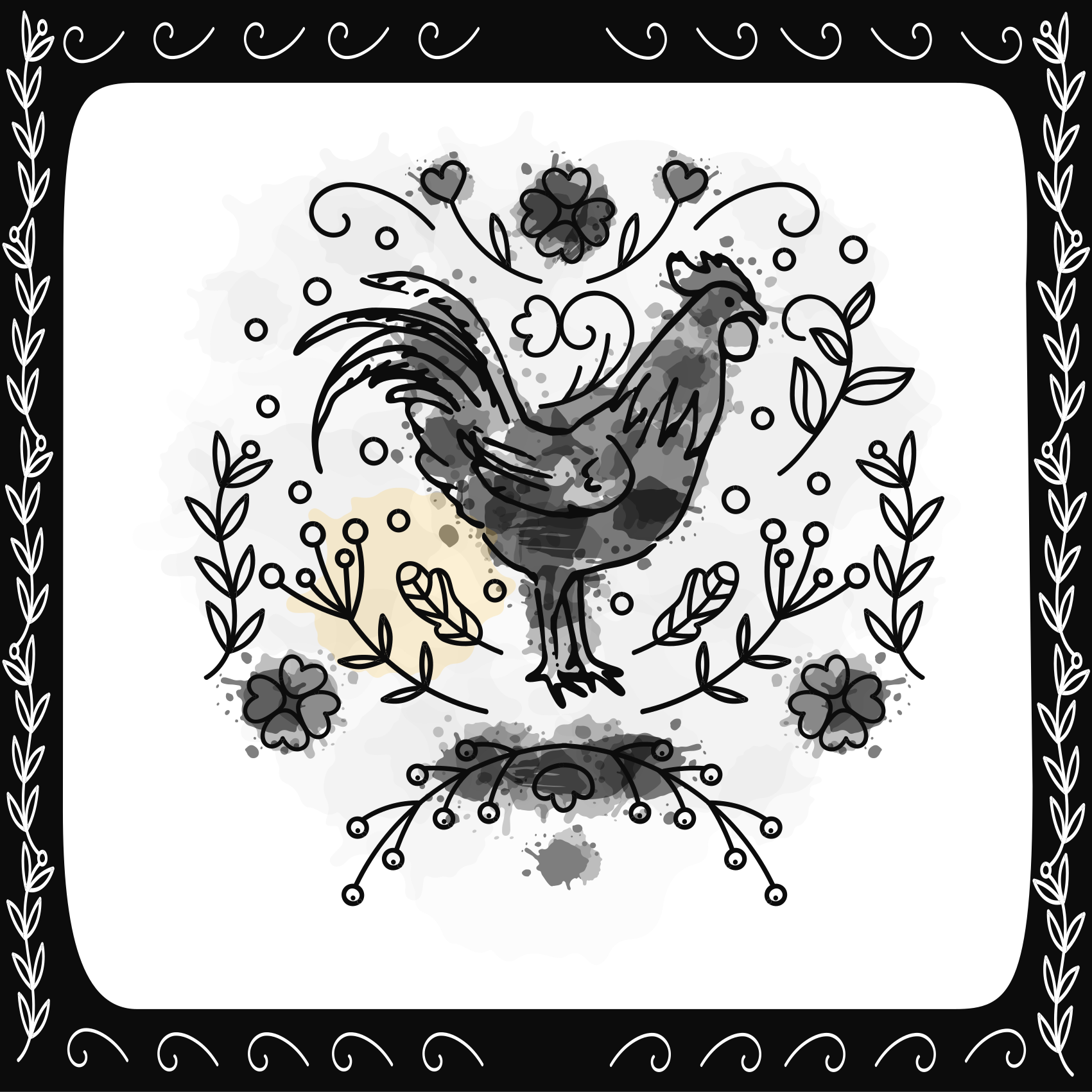 Black floral rooster animal vinyl carpet - TenStickers