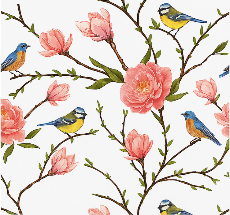 Birds wallpaper spring songbird and peony design - TenStickers