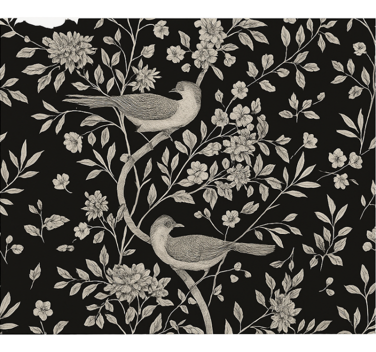 Master bedroom wallpaper grey tree with flowers and birds - TenStickers