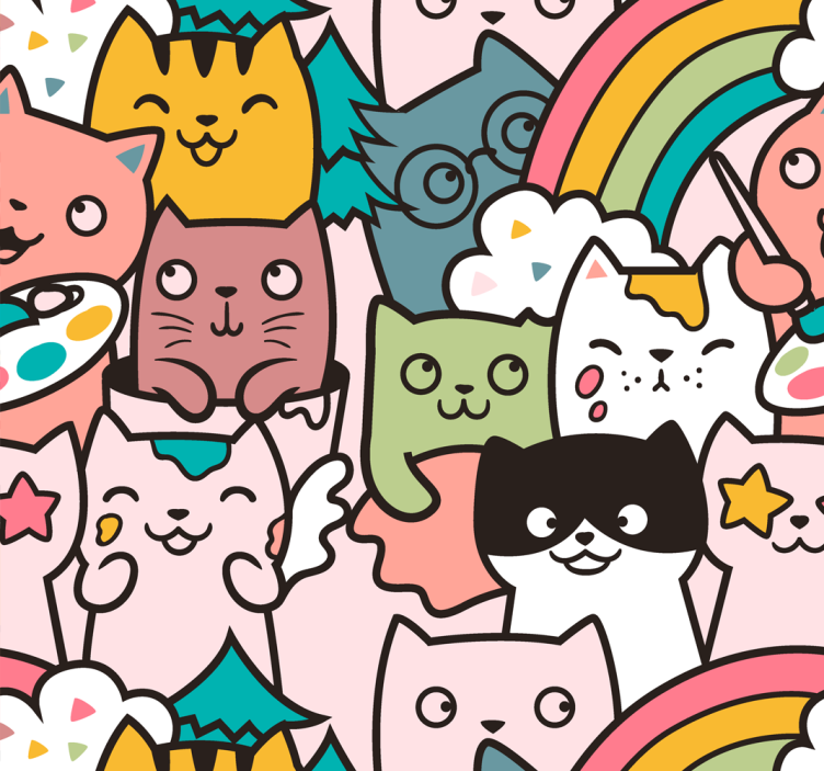 Bedroom wallpaper cat doodle pastel colors design - TenStickers