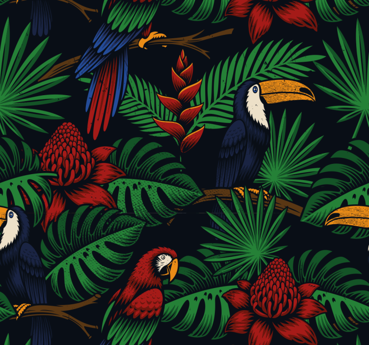 Dark Jungle Plants and Parrots Wallpaper - TenStickers