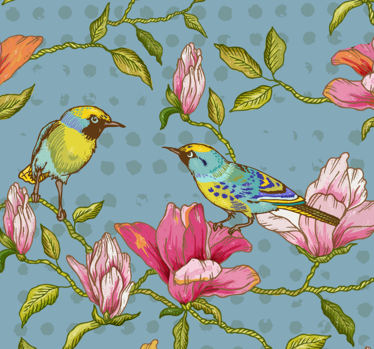 Yellow birds with flowers Flower Wallpaper - TenStickers