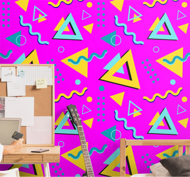 Retro pink pattern wallpaper triangles - TenStickers