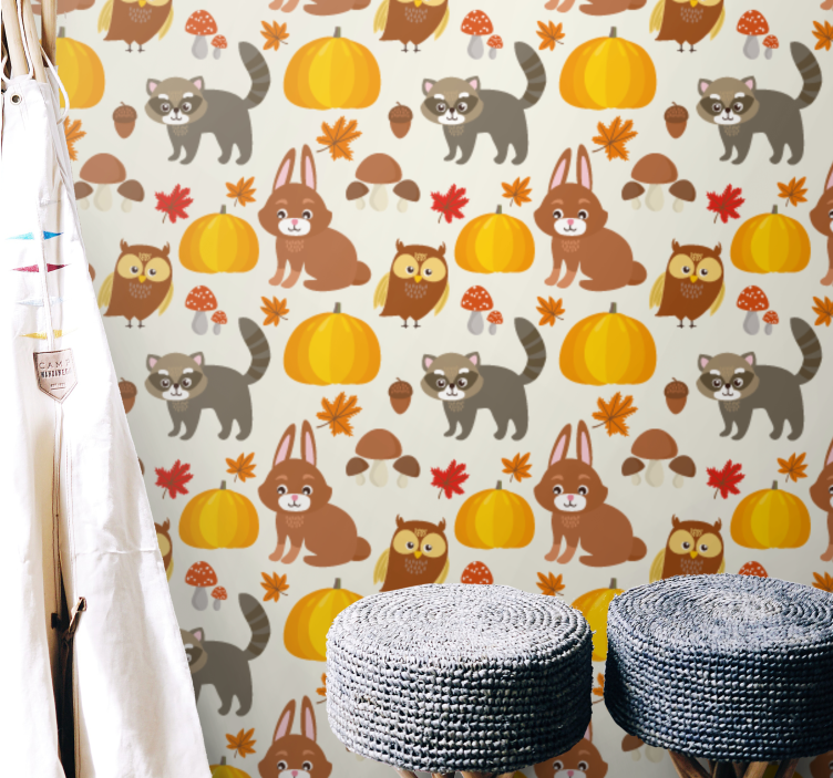 Autumn Fauna Pattern cute animal wallpaper - TenStickers