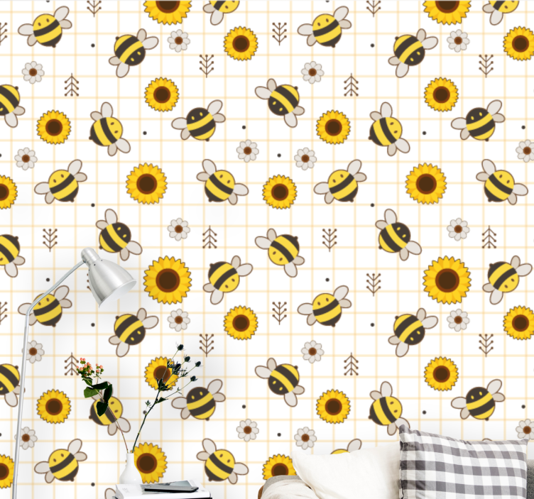 Bees Sunflowers Pattern cute animal wallpaper - TenStickers