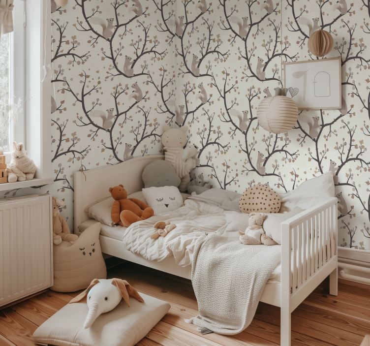 Beige squirrels pattern wallpaper for the nursery - TenStickers