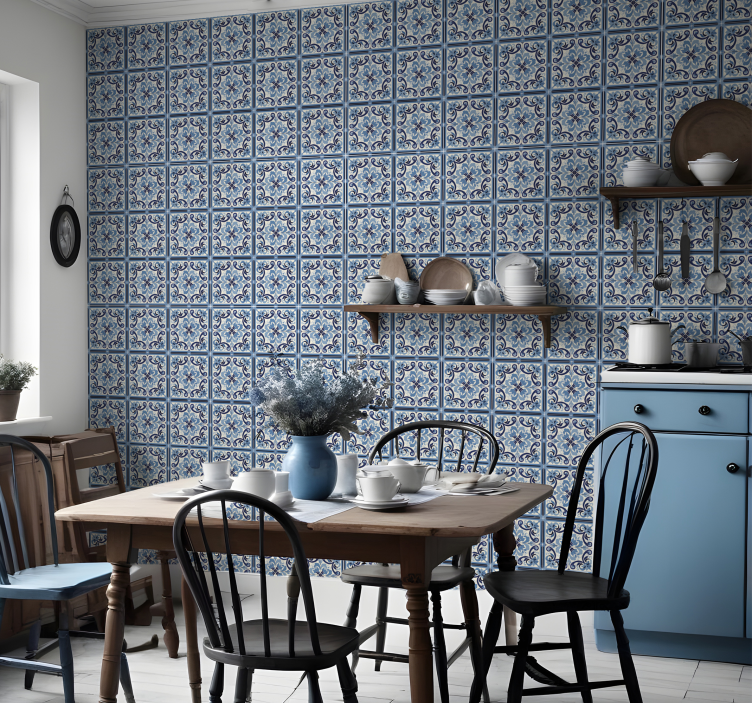 Blue and white floral pattern tiles wallpaper - TenStickers