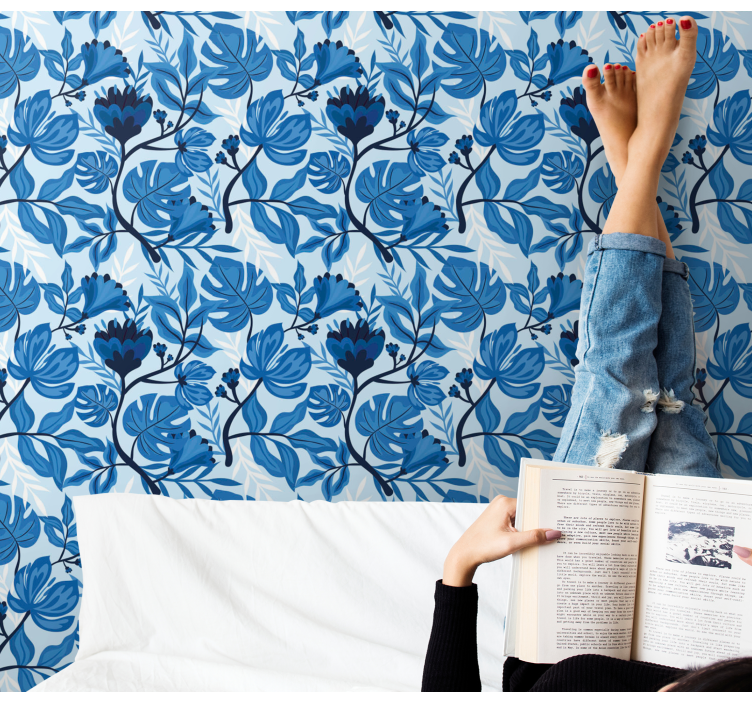Blue Botanical Flourish flowers wallpaper - TenStickers