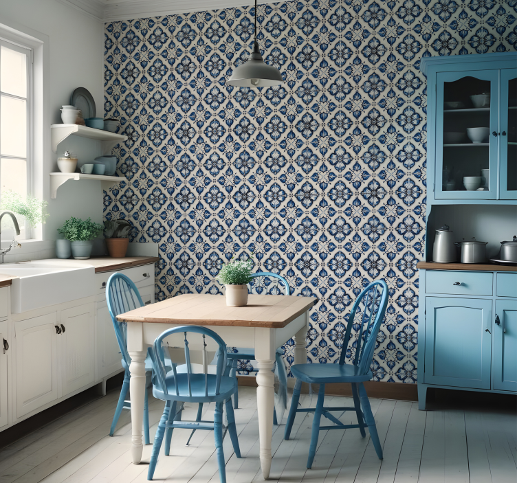 Blue floral pattern tiles wallpaper - TenStickers