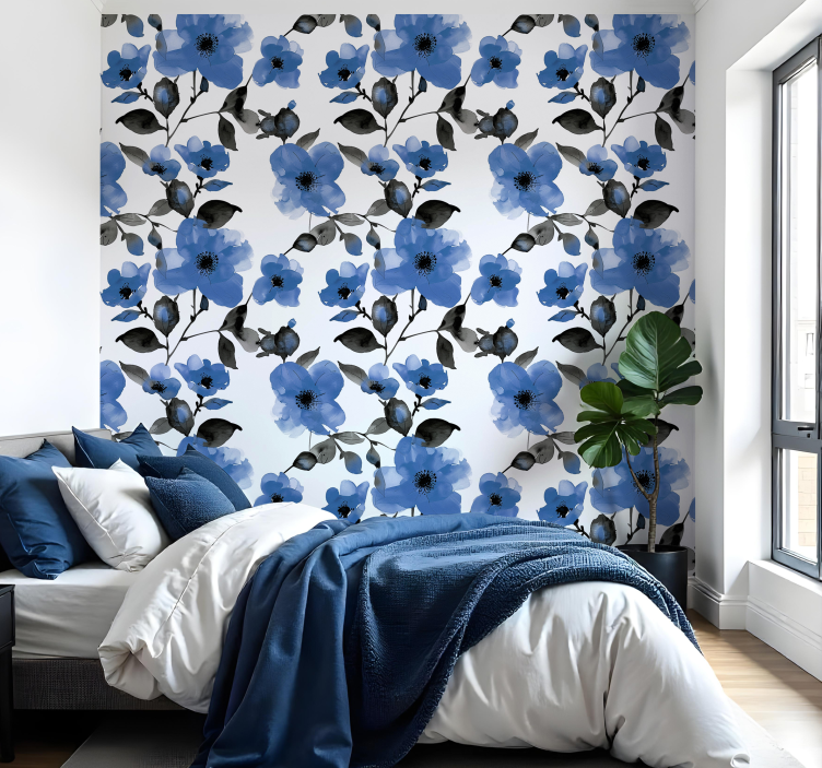 Blue poppies flowers pattern wallpaper - TenStickers
