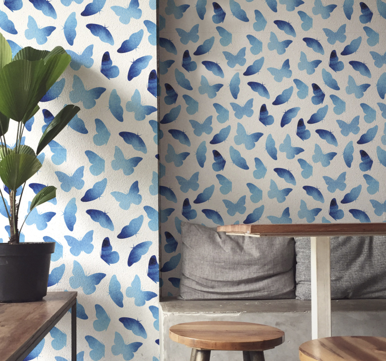 Butterfly wallpaper in blue and white design - TenStickers