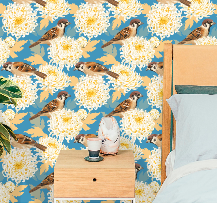 Chrysanthemum Sparrows birds wallpaper - TenStickers