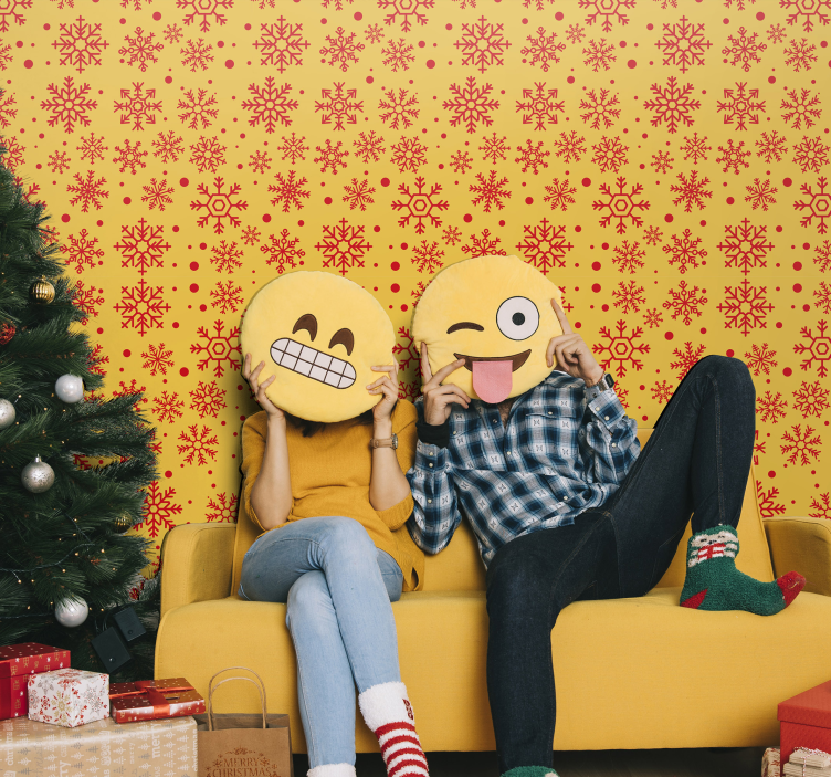 Red snowflakes on yellow background christmas wallpaper - TenStickers