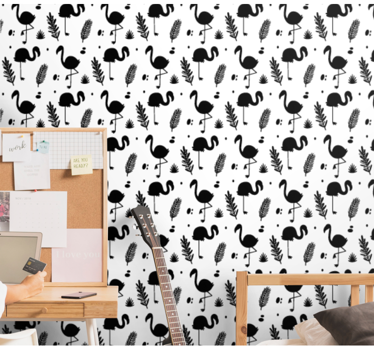 Flamingo Foliage Pattern cute animal wallpaper - TenStickers