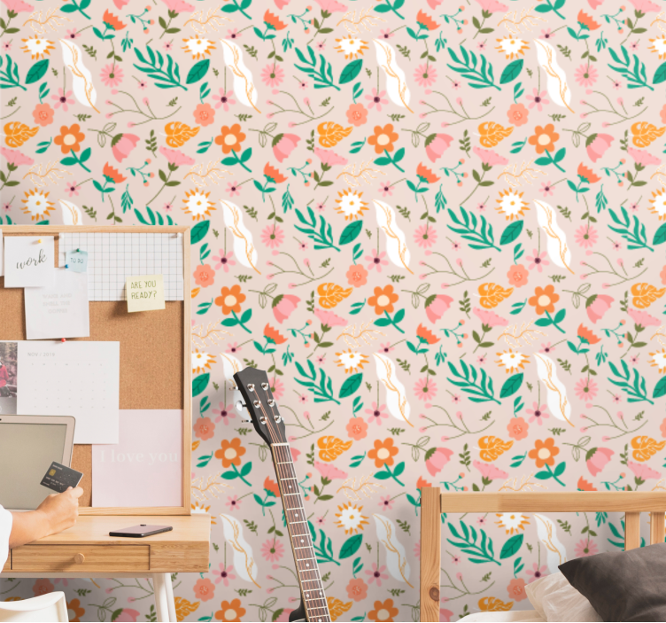 Blooming pattern and feathers flowers wallpaper - TenStickers