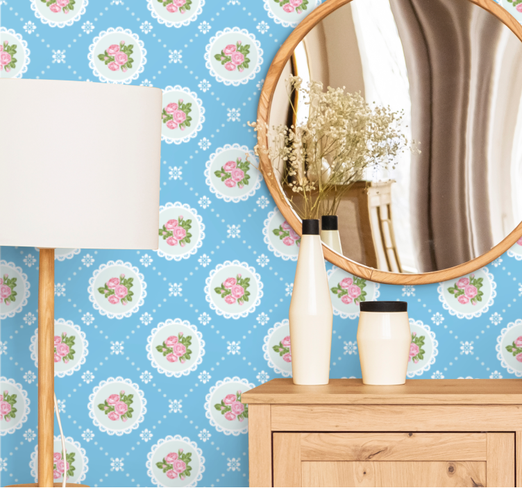 Vintage blue tiled pattern wallpaper flowery - TenStickers