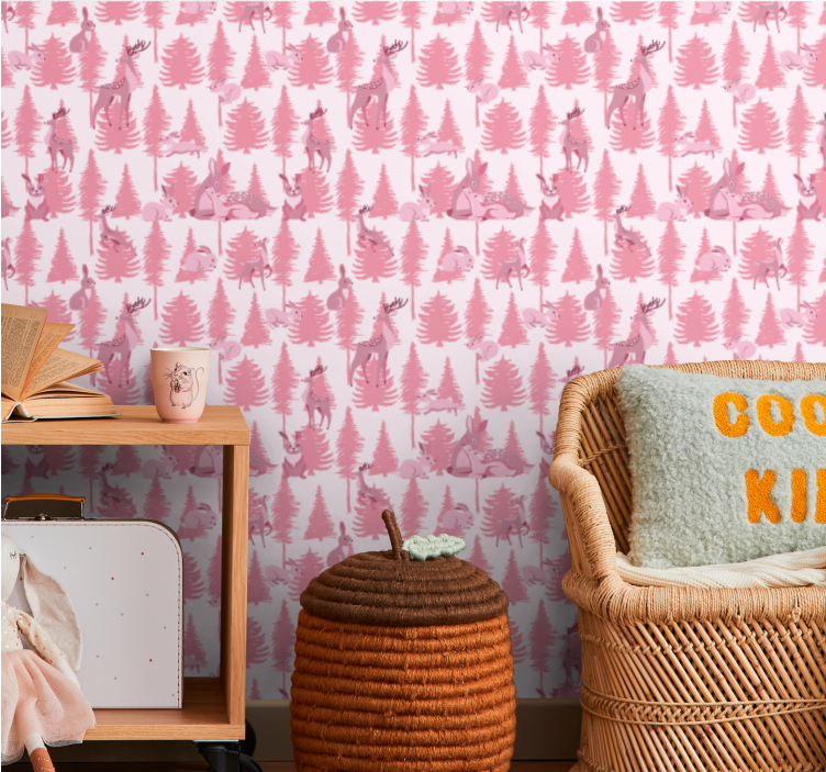 Pink forest motif cute animal wallpaper - TenStickers