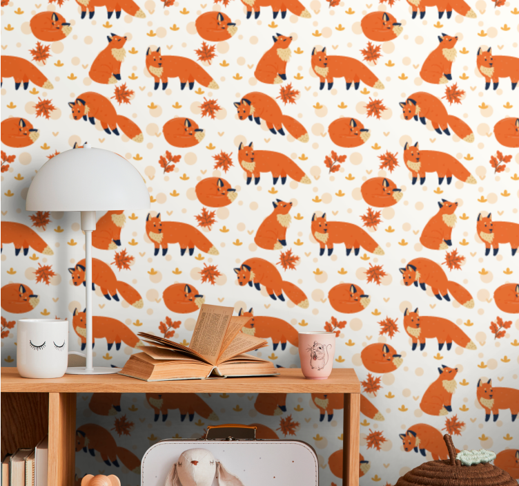 Fox Autumn Pattern cute animal wallpaper - TenStickers