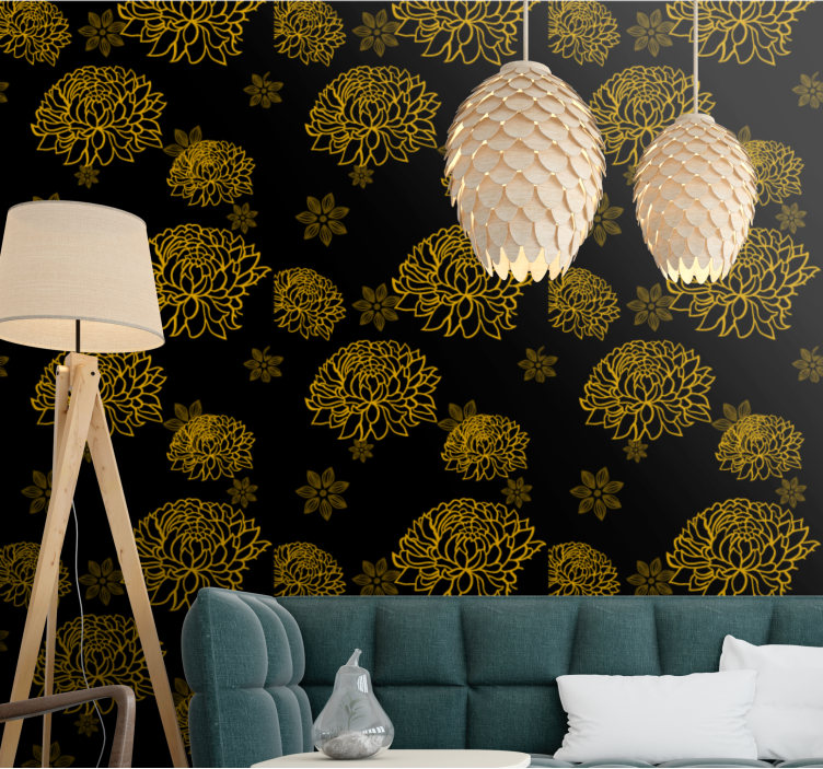 Golden floral pattern wallpaper flowery - TenStickers