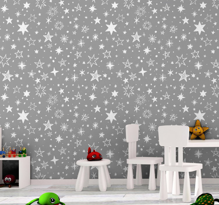 Hand drawn pattern on gray Star wallpaper - TenStickers