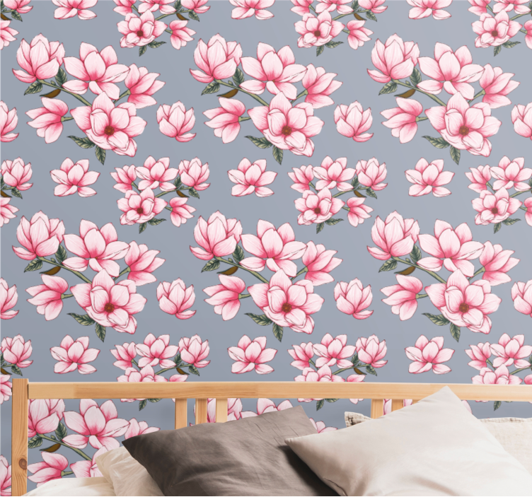 Magnolia pink pattern flowers wallpaper - TenStickers