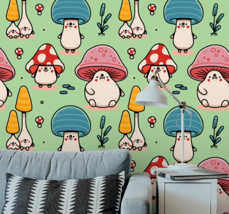 Mushroom Characters art deco wallpaper - TenStickers