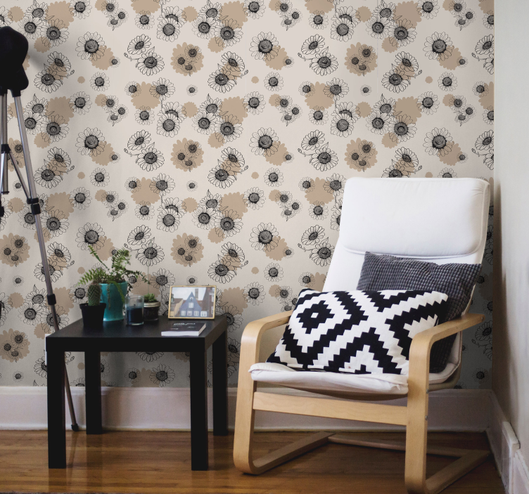 Beige Wallpaper hand drawing vintage daisies - TenStickers
