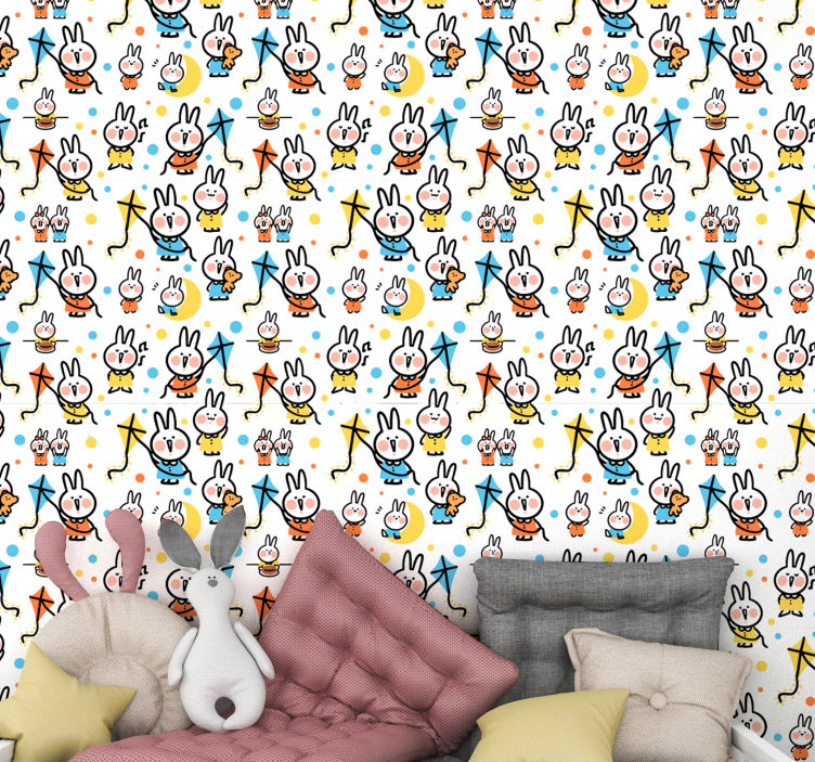 Bunnies with Kites cute animal wallpaper - TenStickers