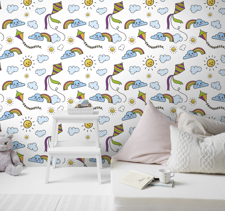 Rainbow , sun and kite Childrens Wallpaper - TenStickers