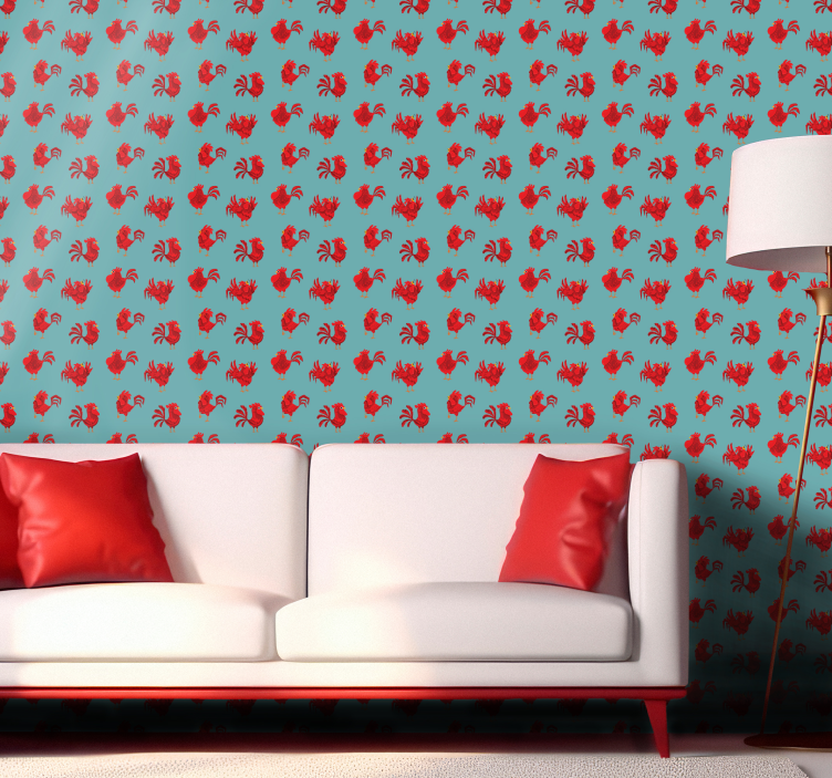 Red Roosters Pattern cute animal wallpaper - TenStickers