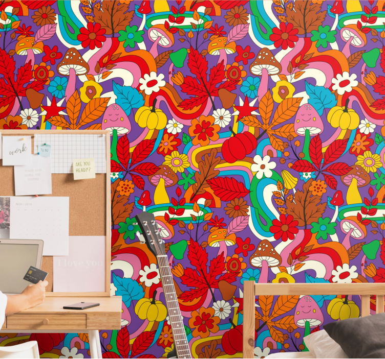 Retro colorful psychedelic flowery wallpaper - TenStickers