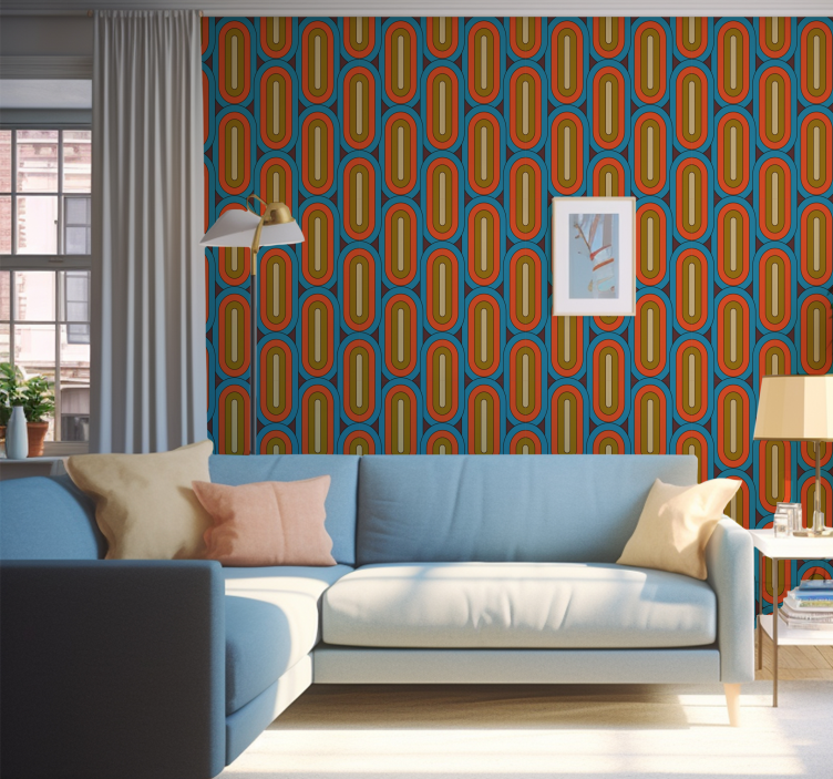 Retro rounded blue living room wallpaper - TenStickers