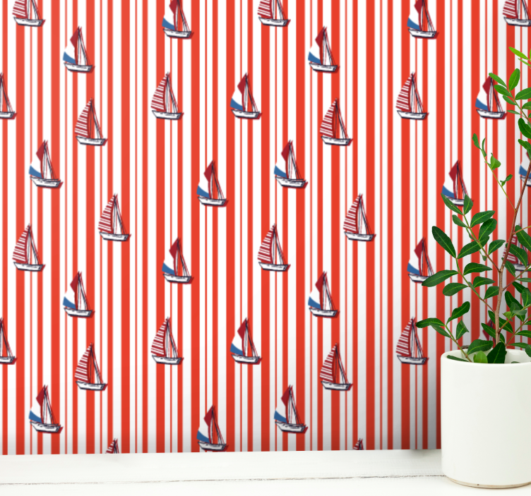 Sailboat red pattern vertical striped wallpaper - TenStickers