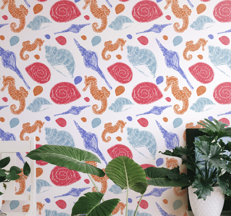 Seahorse Seashell Pattern fishes wallpaper - TenStickers