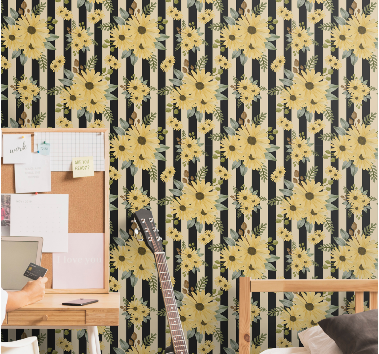 Striped Sunflower Pattern wallpaper flowery - TenStickers