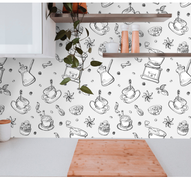 Coffee Motif Sketch kitchen wallpaper - TenStickers