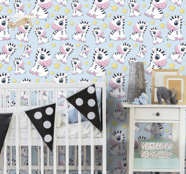 Baby motif on blue background wallpaper zebra - TenStickers