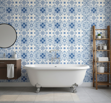 Bathroom wallpaper with detailed blue designs - TenStickers