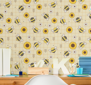 Bee Sunflower Pattern cute animal wallpaper - TenStickers