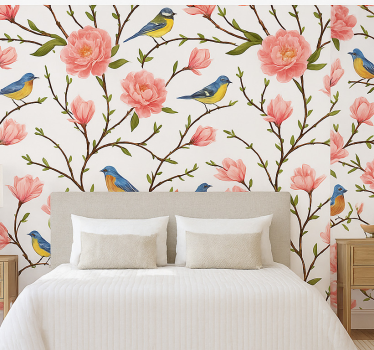Birds wallpaper spring songbird and peony design - TenStickers