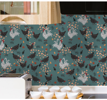 Black and white chickens with flowers kitchen wallpaper - TenStickers