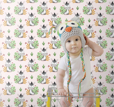 Cartoon Zebra and Leaves Wallpaper - TenStickers