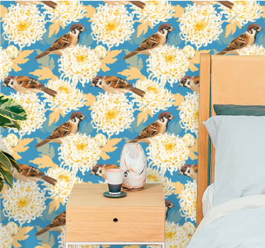 Chrysanthemum Sparrows birds wallpaper - TenStickers